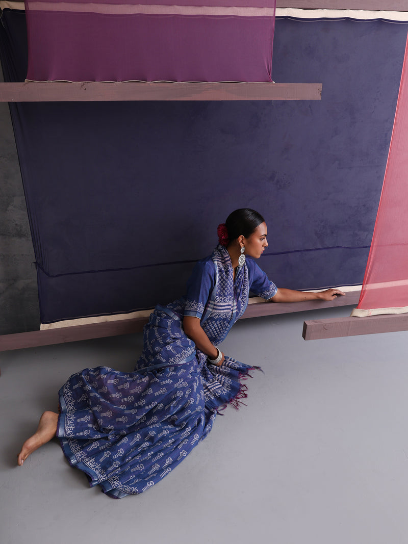Women Hand Block Blue Cotton Linen Printed Saree