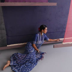 Women Hand Block Blue Cotton Linen Printed Saree