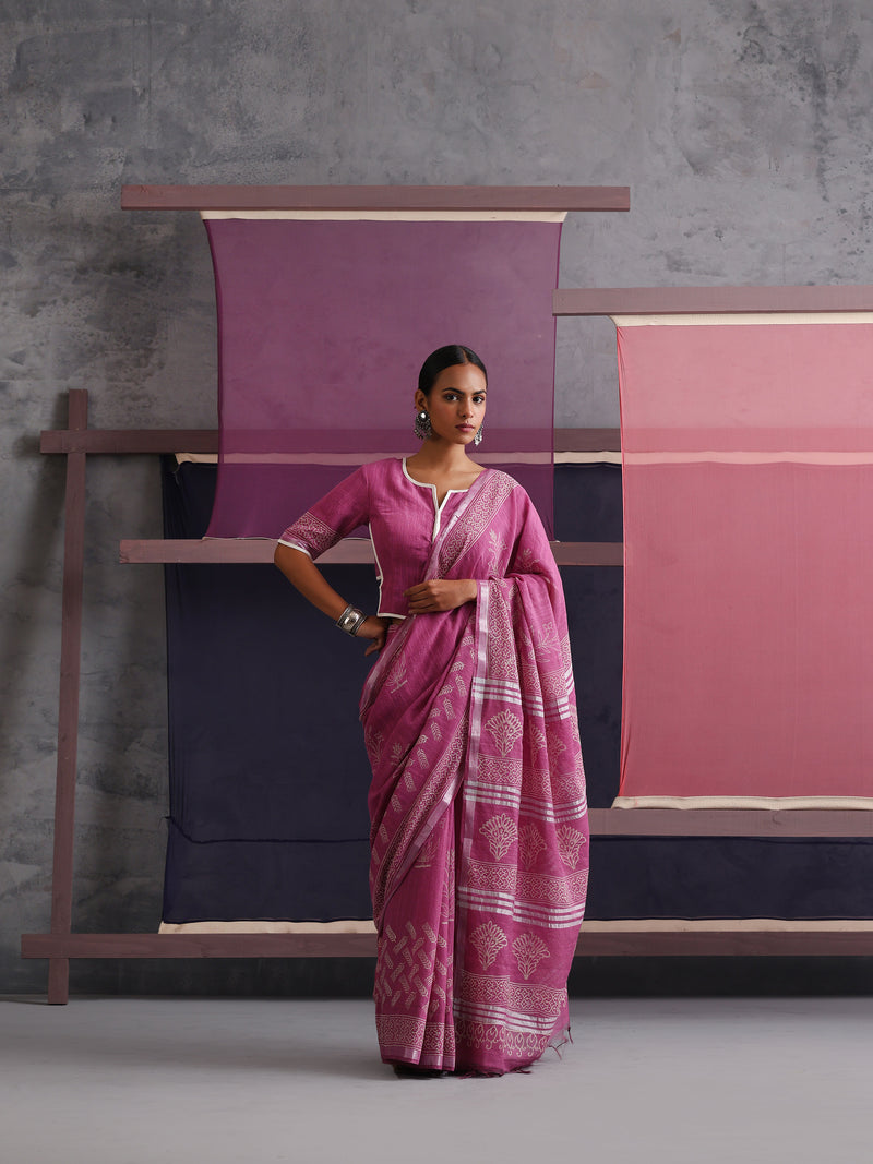 Women Hand Block Pink Cotton Linen Printed Saree