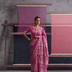 Women Hand Block Pink Cotton Linen Printed Saree