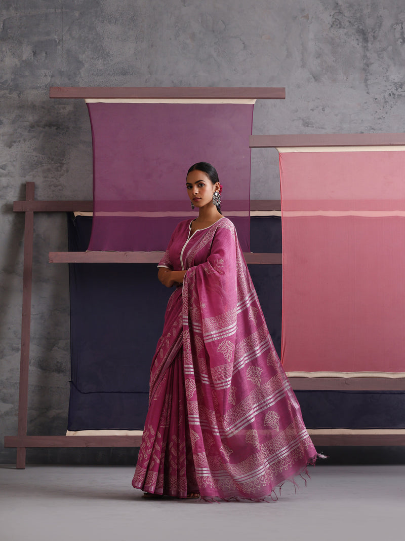 Women Hand Block Pink Cotton Linen Printed Saree