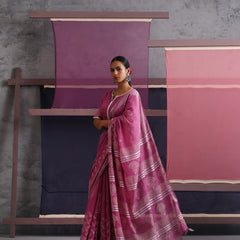 Women Hand Block Pink Cotton Linen Printed Saree