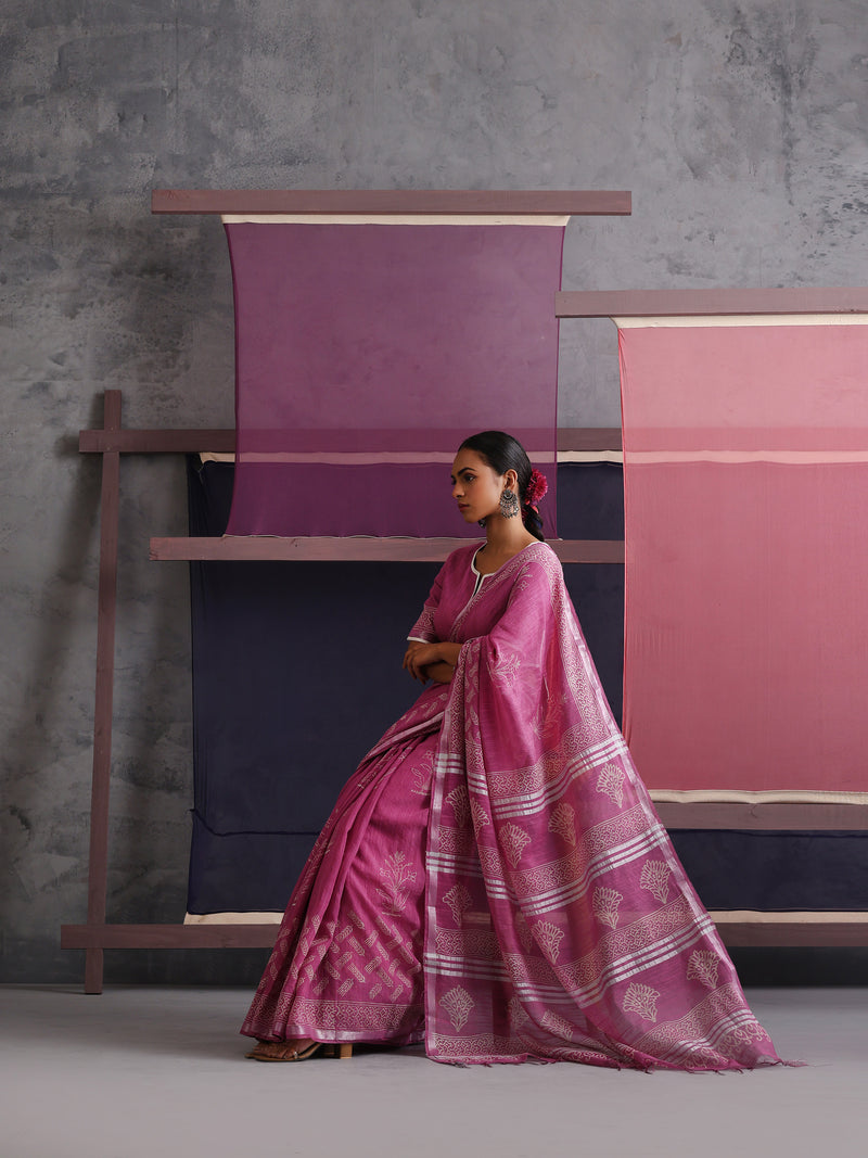 Women Hand Block Pink Cotton Linen Printed Saree