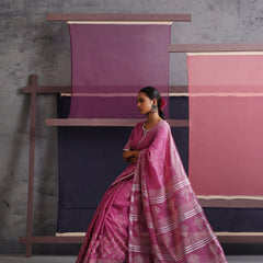 Women Hand Block Pink Cotton Linen Printed Saree