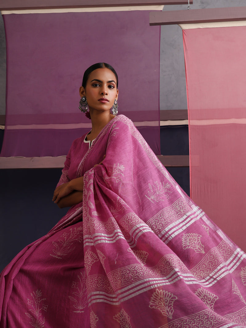 Women Hand Block Pink Cotton Linen Printed Saree