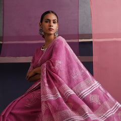 Women Hand Block Pink Cotton Linen Printed Saree