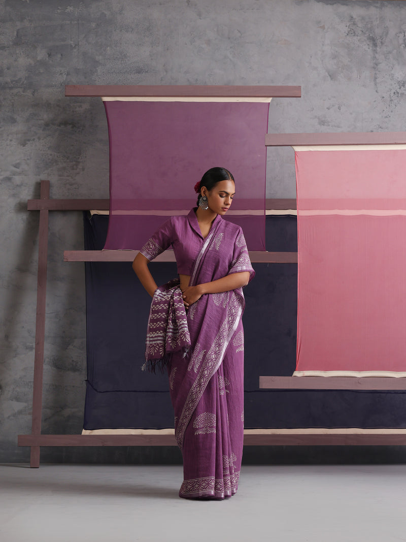 Women Hand Block Purple Cotton Linen Printed Saree