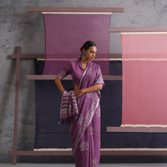 Women Hand Block Purple Cotton Linen Printed Saree