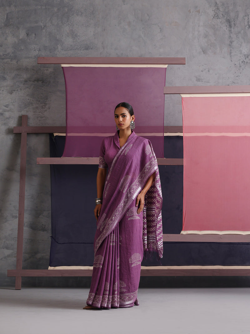 Women Hand Block Purple Cotton Linen Printed Saree