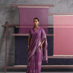 Women Hand Block Purple Cotton Linen Printed Saree