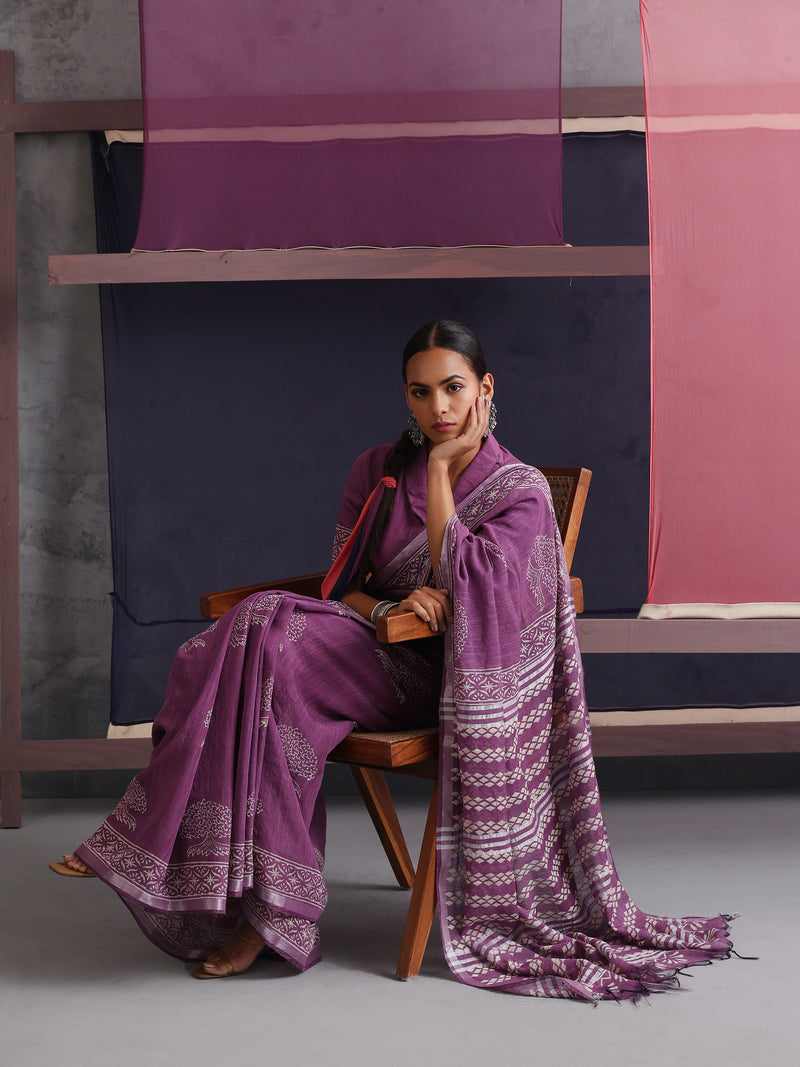 Women Hand Block Purple Cotton Linen Printed Saree