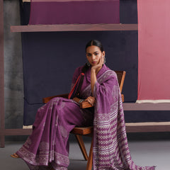 Women Hand Block Purple Cotton Linen Printed Saree