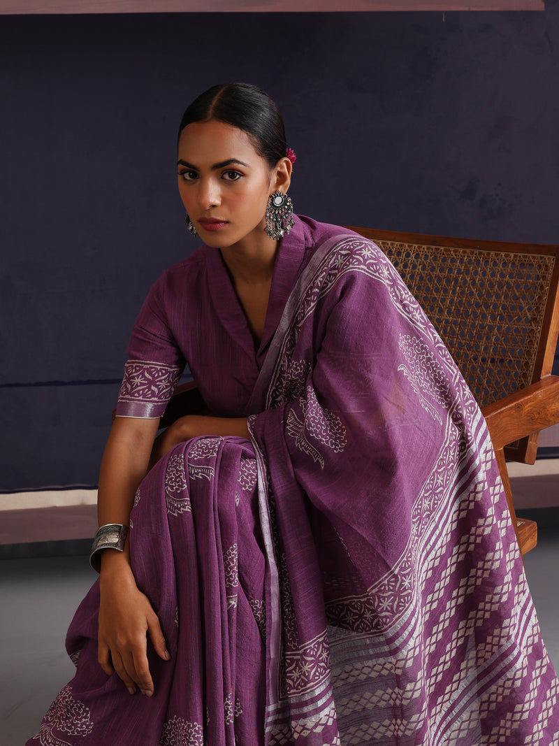 Women Hand Block Purple Cotton Linen Printed Saree