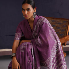 Women Hand Block Purple Cotton Linen Printed Saree