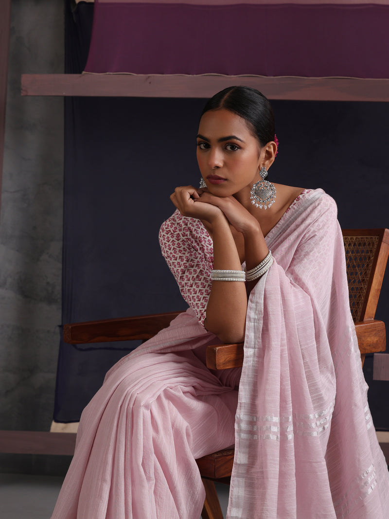 Women Cotton Pink Linen Printed Saree