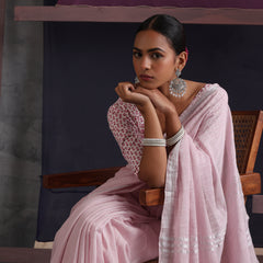 Women Cotton Pink Linen Printed Saree
