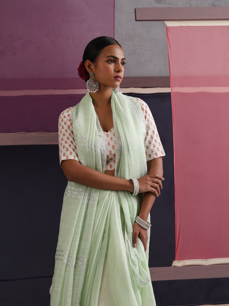 Women Cotton Green Linen Printed Saree