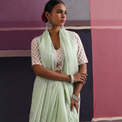 Women Cotton Green Linen Printed Saree