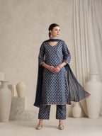 Floral Printed V-Neck Pure Cotton Kurta With Palazzos And Dupatta