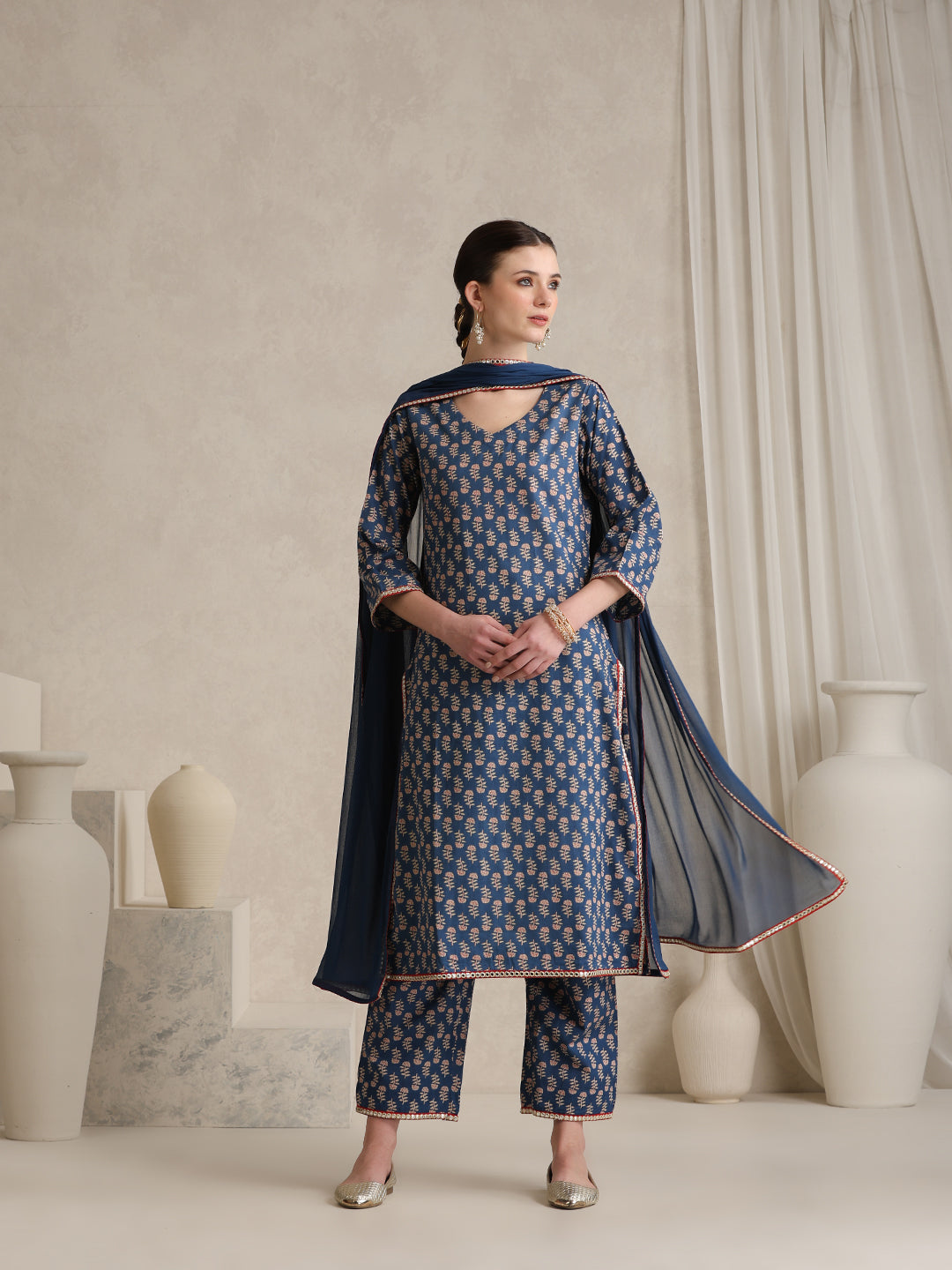Floral Printed V-Neck Pure Cotton Kurta With Palazzos And Dupatta