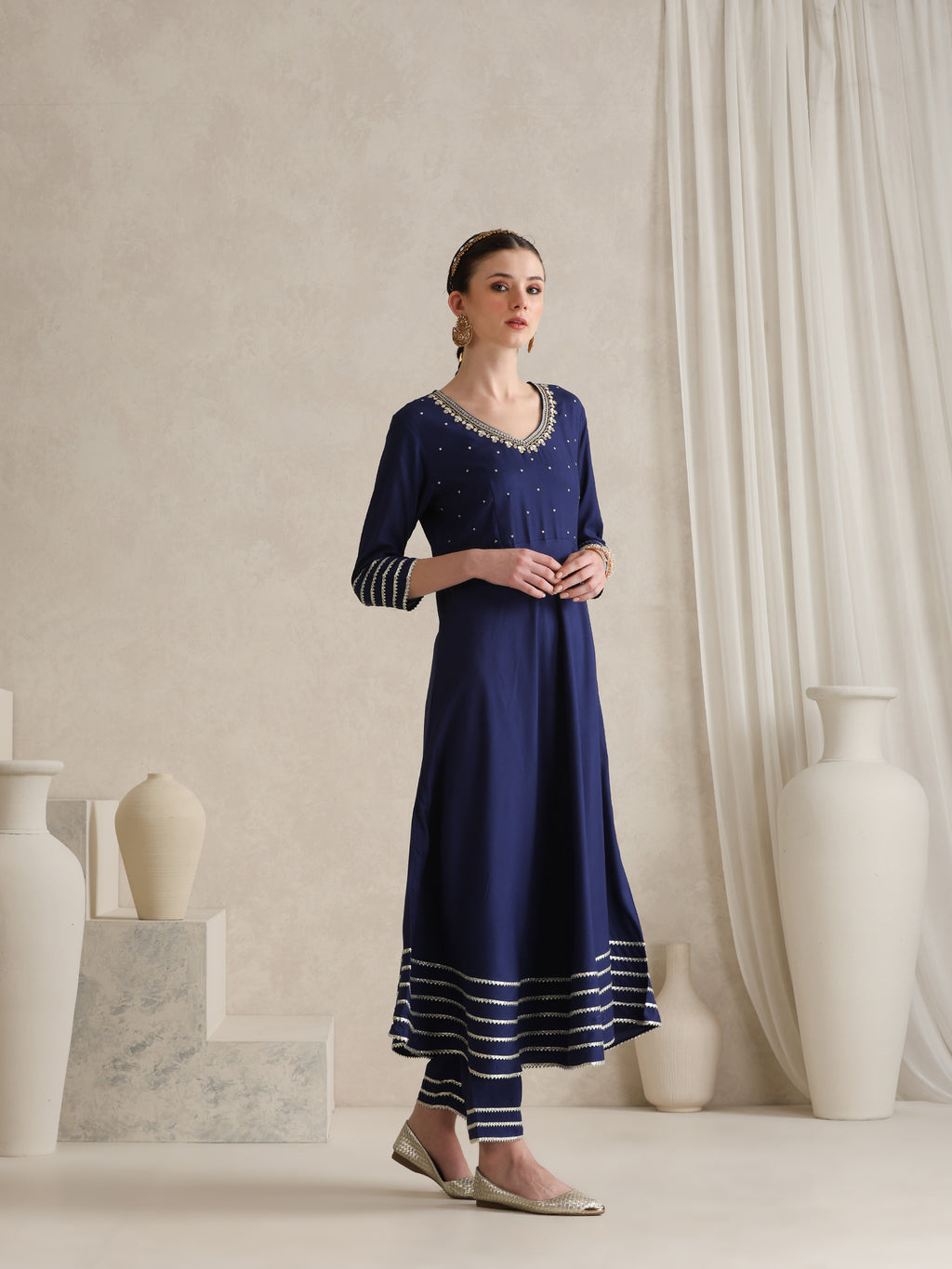 Floral Embroidered Gotta Patti V-Neck Anarkali Kurta With Palazzos & Dupatta