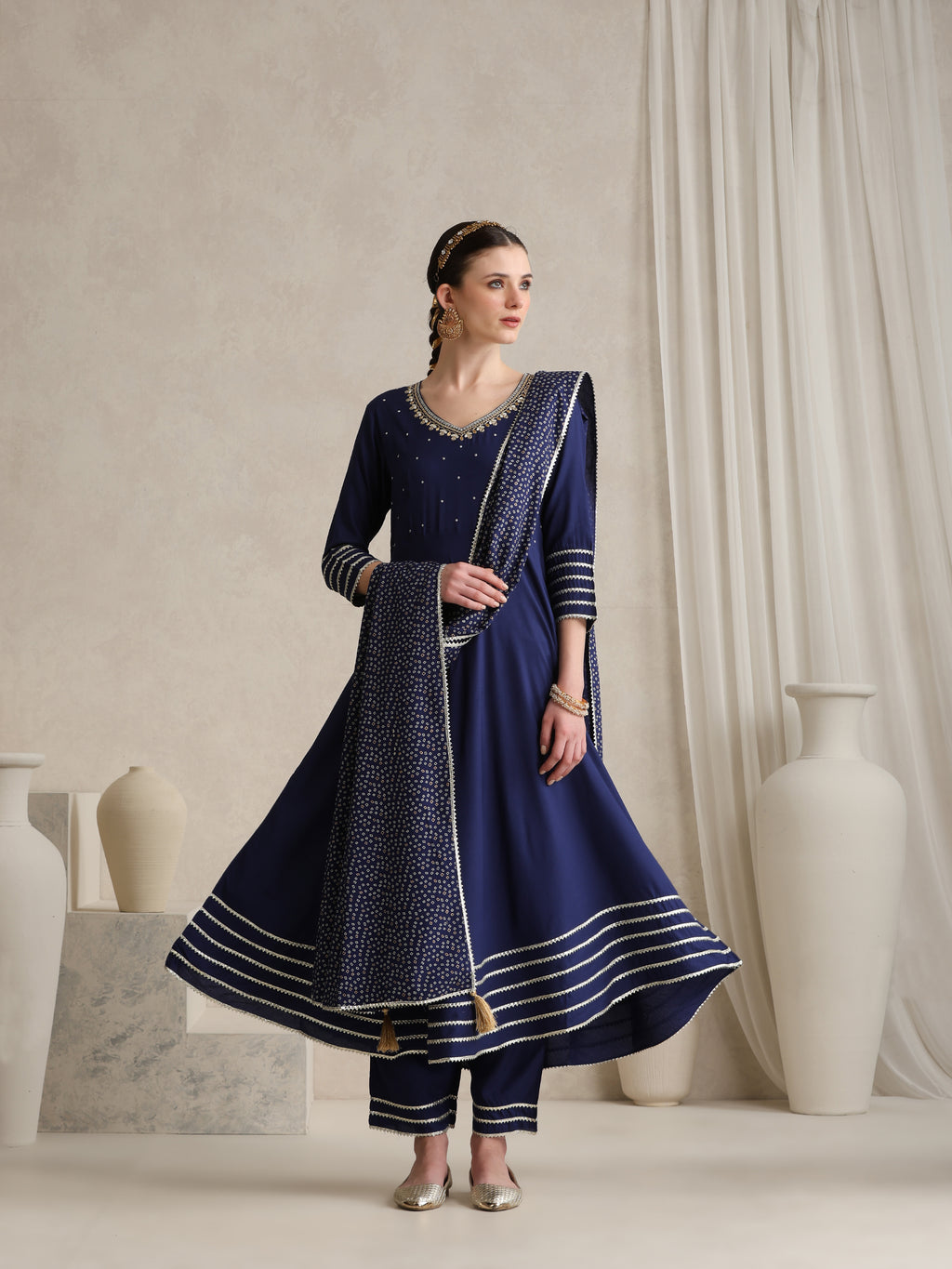 Floral Embroidered Gotta Patti V-Neck Anarkali Kurta With Palazzos & Dupatta