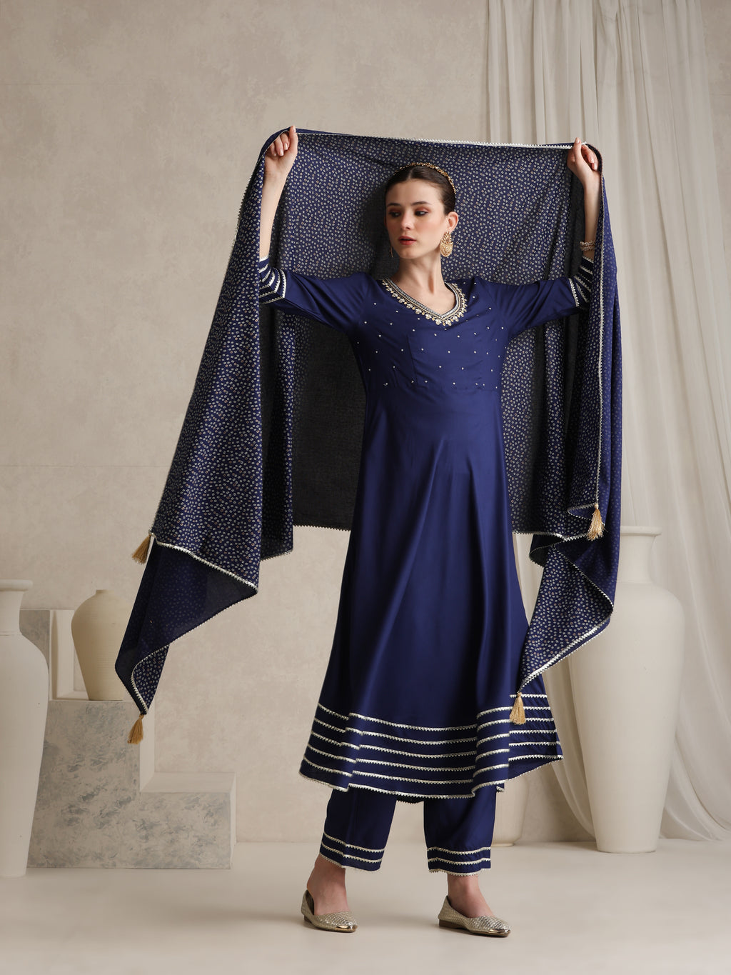 Floral Embroidered Gotta Patti V-Neck Anarkali Kurta With Palazzos & Dupatta