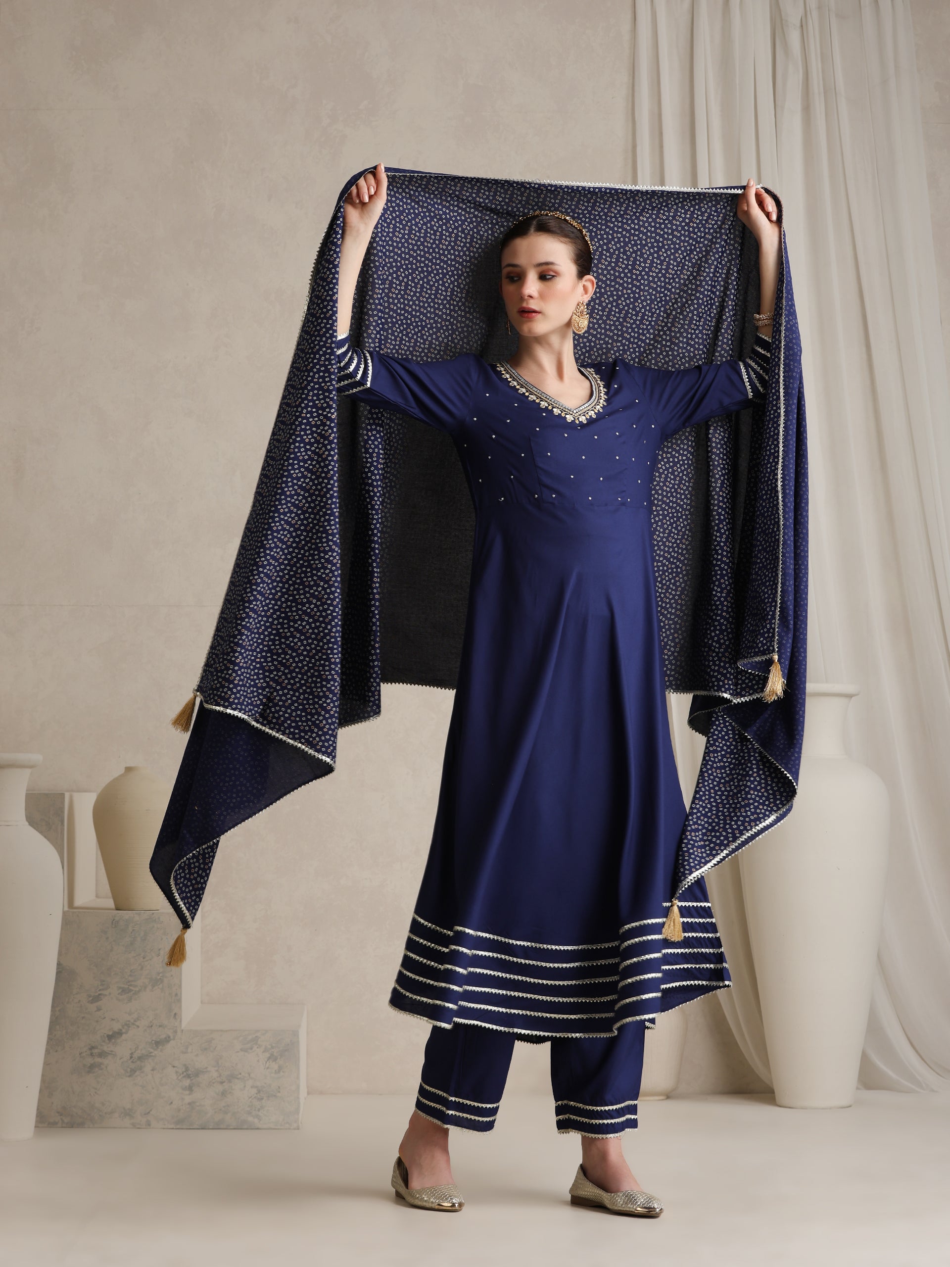 Floral Embroidered Gotta Patti V-Neck Anarkali Kurta With Palazzos & Dupatta