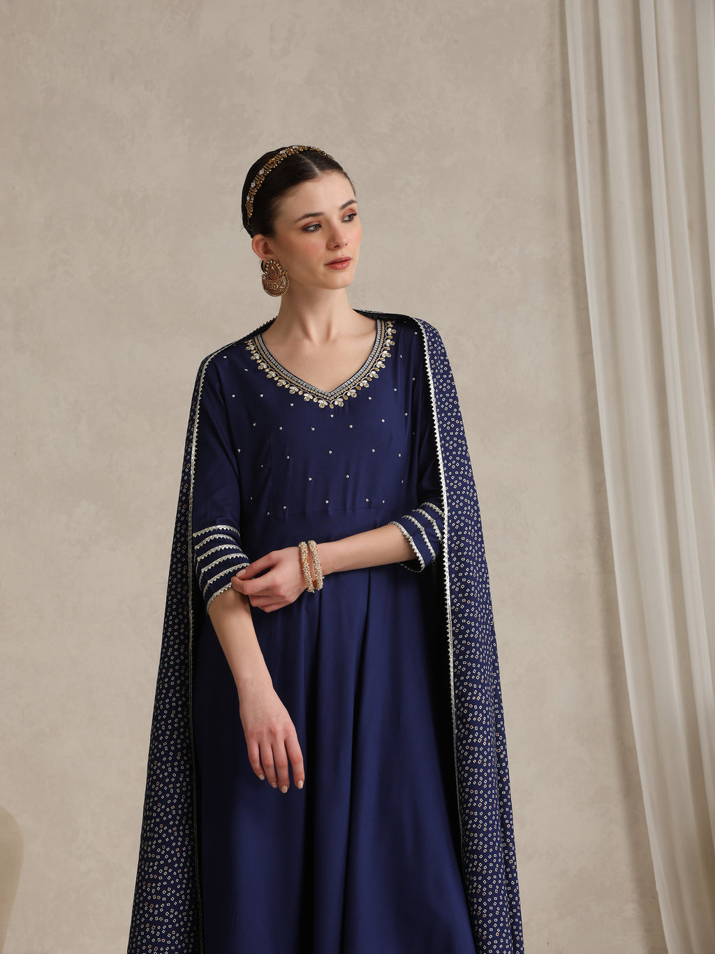 Floral Embroidered Gotta Patti V-Neck Anarkali Kurta With Palazzos & Dupatta