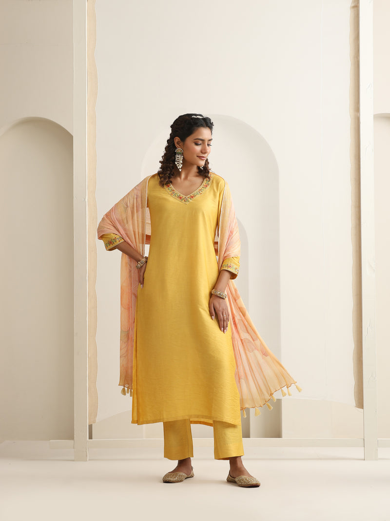 Khushal K Women Pure Silk yellow Embroidered Kurta & Palazzo With Dupatta
