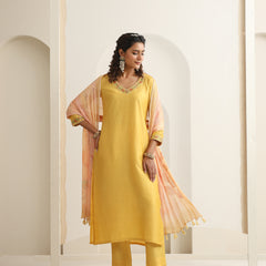 Khushal K Women Pure Silk yellow Embroidered Kurta & Palazzo With Dupatta