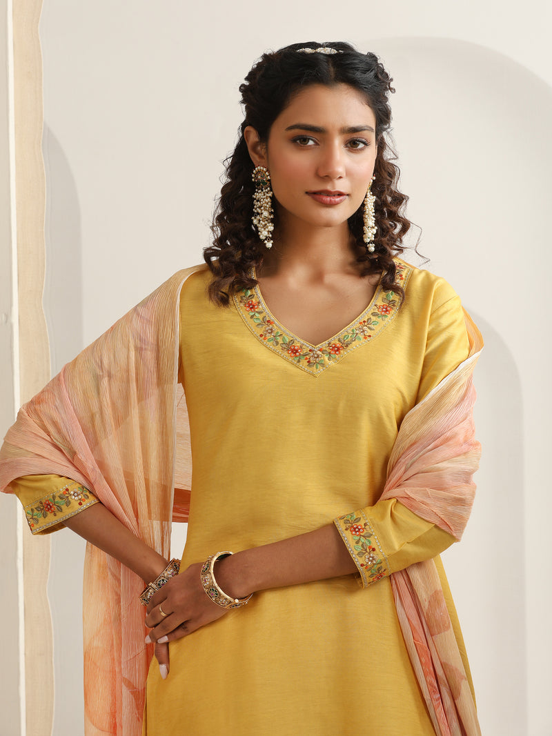 Khushal K Women Pure Silk yellow Embroidered Kurta & Palazzo With Dupatta