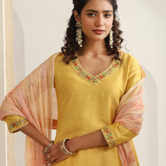 Khushal K Women Pure Silk yellow Embroidered Kurta & Palazzo With Dupatta