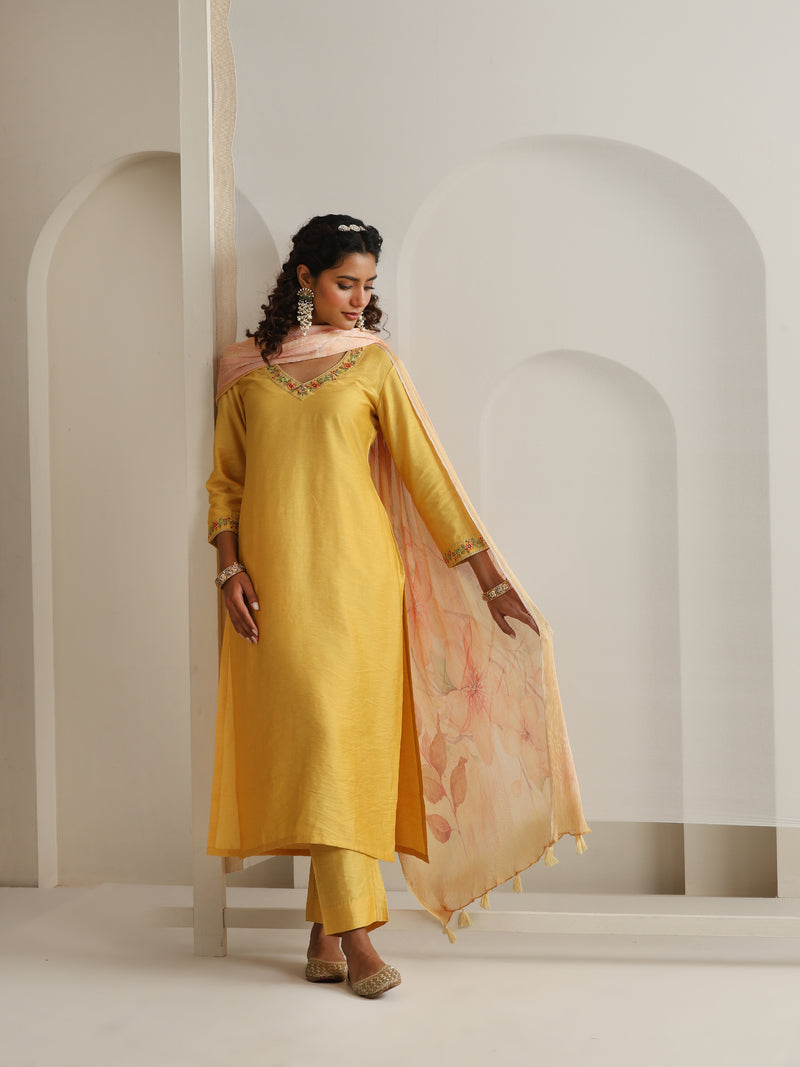 Khushal K Women Pure Silk yellow Embroidered Kurta & Palazzo With Dupatta