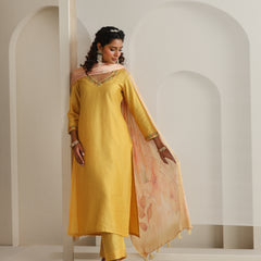 Khushal K Women Pure Silk yellow Embroidered Kurta & Palazzo With Dupatta