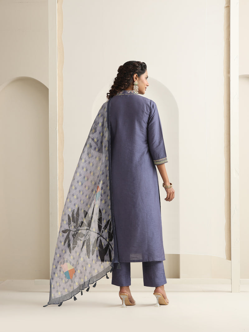 Khushal K Women Pure Silk grey Embroidered Kurta & Palazzo With Dupatta
