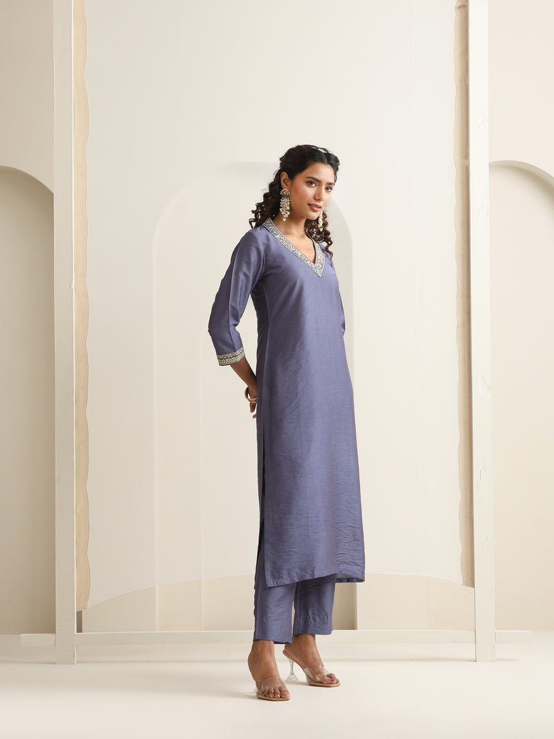 Khushal K Women Pure Silk grey Embroidered Kurta & Palazzo With Dupatta