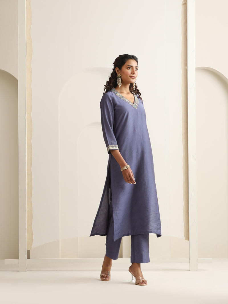 Khushal K Women Pure Silk grey Embroidered Kurta & Palazzo With Dupatta