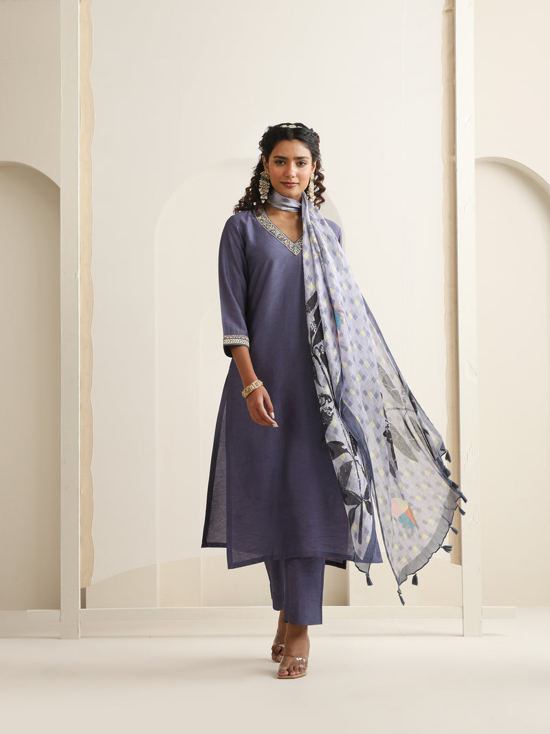 Khushal K Women Pure Silk grey Embroidered Kurta & Palazzo With Dupatta