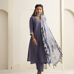 Khushal K Women Pure Silk grey Embroidered Kurta & Palazzo With Dupatta