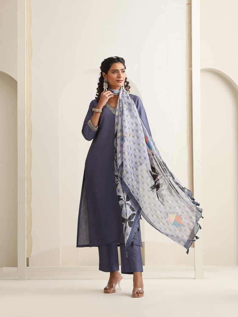 Khushal K Women Pure Silk grey Embroidered Kurta & Palazzo With Dupatta