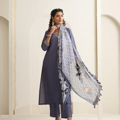 Khushal K Women Pure Silk grey Embroidered Kurta & Palazzo With Dupatta