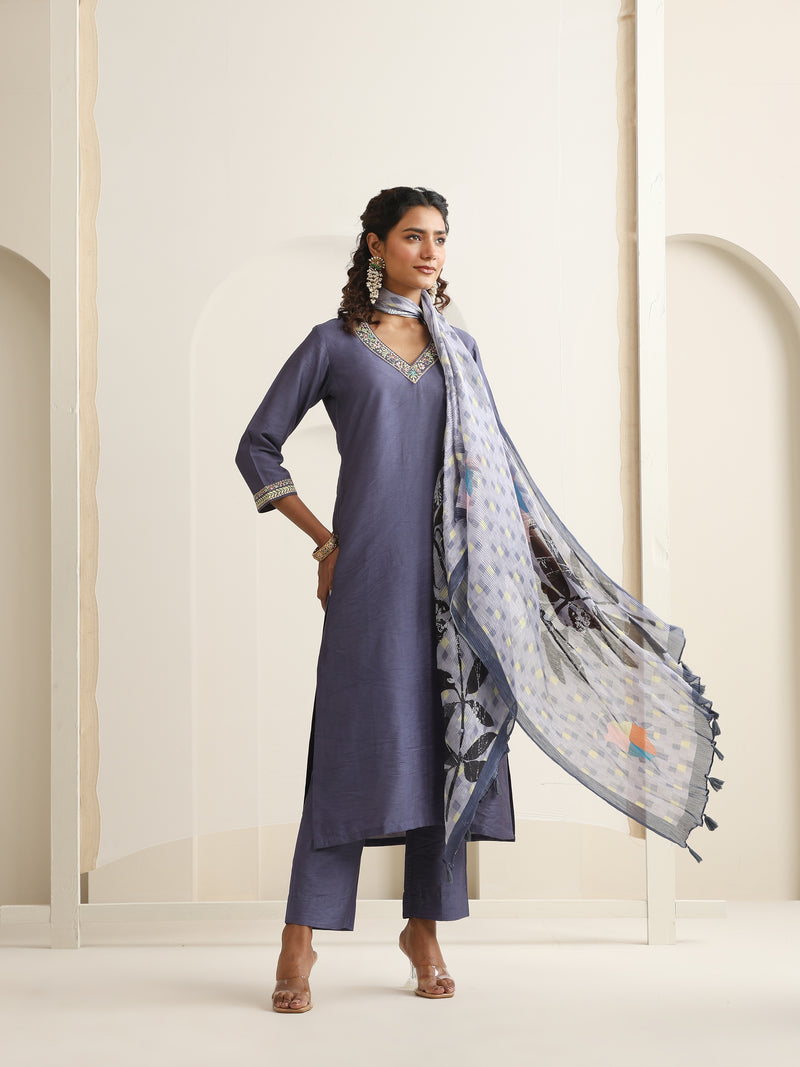 Khushal K Women Pure Silk grey Embroidered Kurta & Palazzo With Dupatta