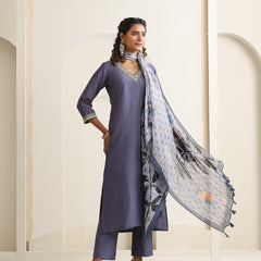 Khushal K Women Pure Silk grey Embroidered Kurta & Palazzo With Dupatta