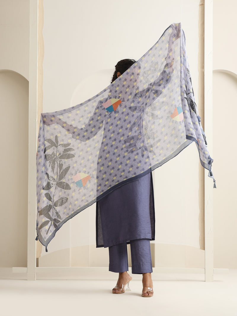 Khushal K Women Pure Silk grey Embroidered Kurta & Palazzo With Dupatta
