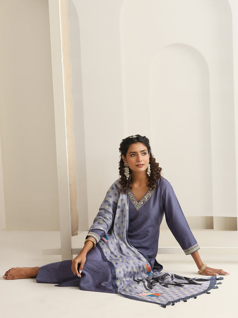Khushal K Women Pure Silk grey Embroidered Kurta & Palazzo With Dupatta