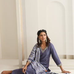 Khushal K Women Pure Silk grey Embroidered Kurta & Palazzo With Dupatta