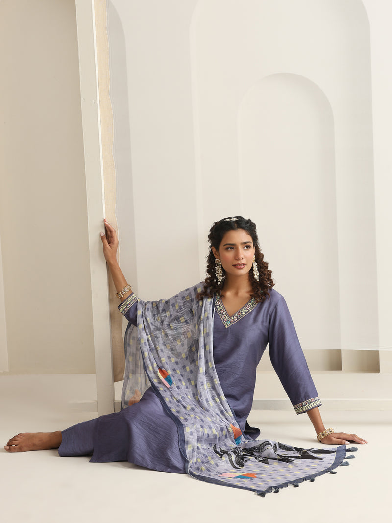 Khushal K Women Pure Silk grey Embroidered Kurta & Palazzo With Dupatta