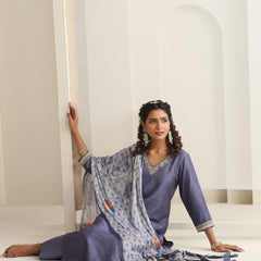Khushal K Women Pure Silk grey Embroidered Kurta & Palazzo With Dupatta