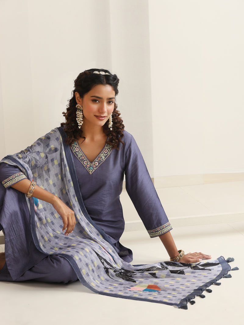 Khushal K Women Pure Silk grey Embroidered Kurta & Palazzo With Dupatta